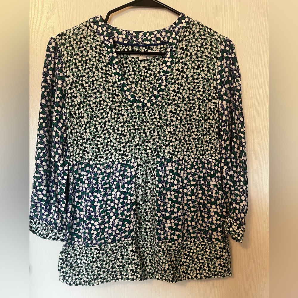 Boden Navy Green White Floral V-Neck Blouse